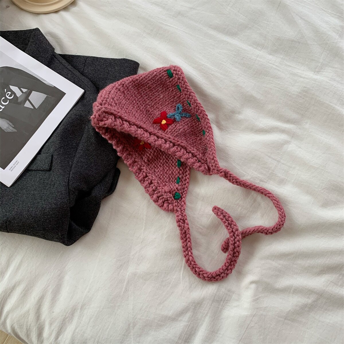 Bonnet coréen rétro à lacets pour femmes, couvre-oreilles tricotés à la main, Protection des oreilles, en laine, , automne et hiver: dark pink