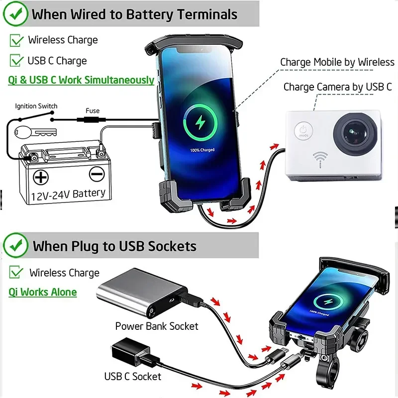 Motorcycle Wireless Phone Mount Fast Charger Stand 15W & USB C 3A Handlebar Anti Theft Motor Motorbike Holder For 4.0-7.0" phone