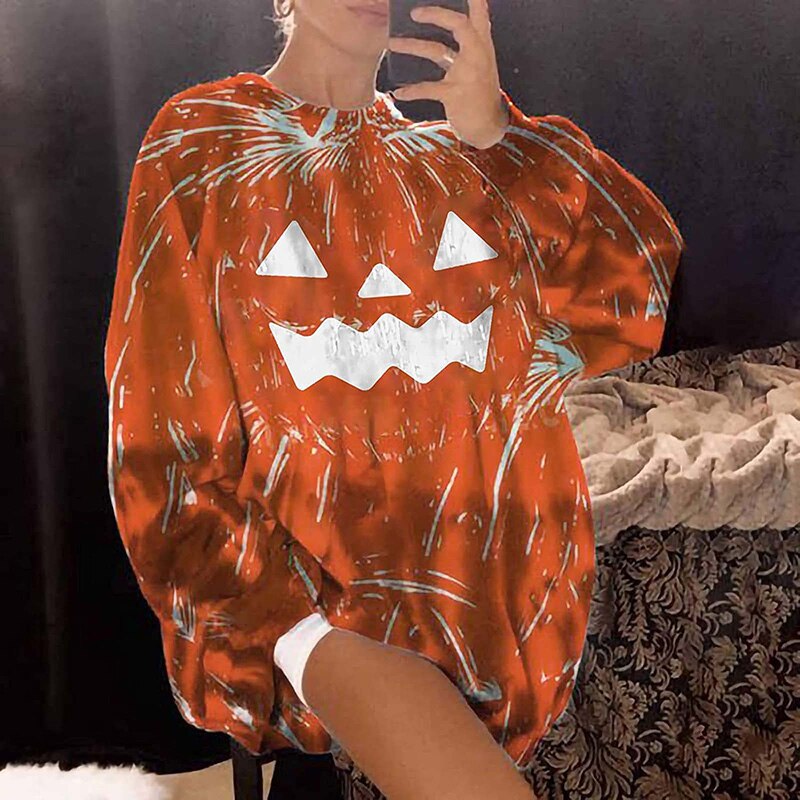 2021 bluzy z nadrukiem sweter kreskówka halloweenowa twarz ducha wycięcie pod szyją kolor dyniowy luźna bluza na codzienny jesień zima N66: XL / Beżowy
