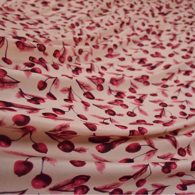 Tela raso estampado de cerezas rosa, Retro, de grado alto, medio metro, para vestido, camisa, ropa de mujer, Material de costura, T1421