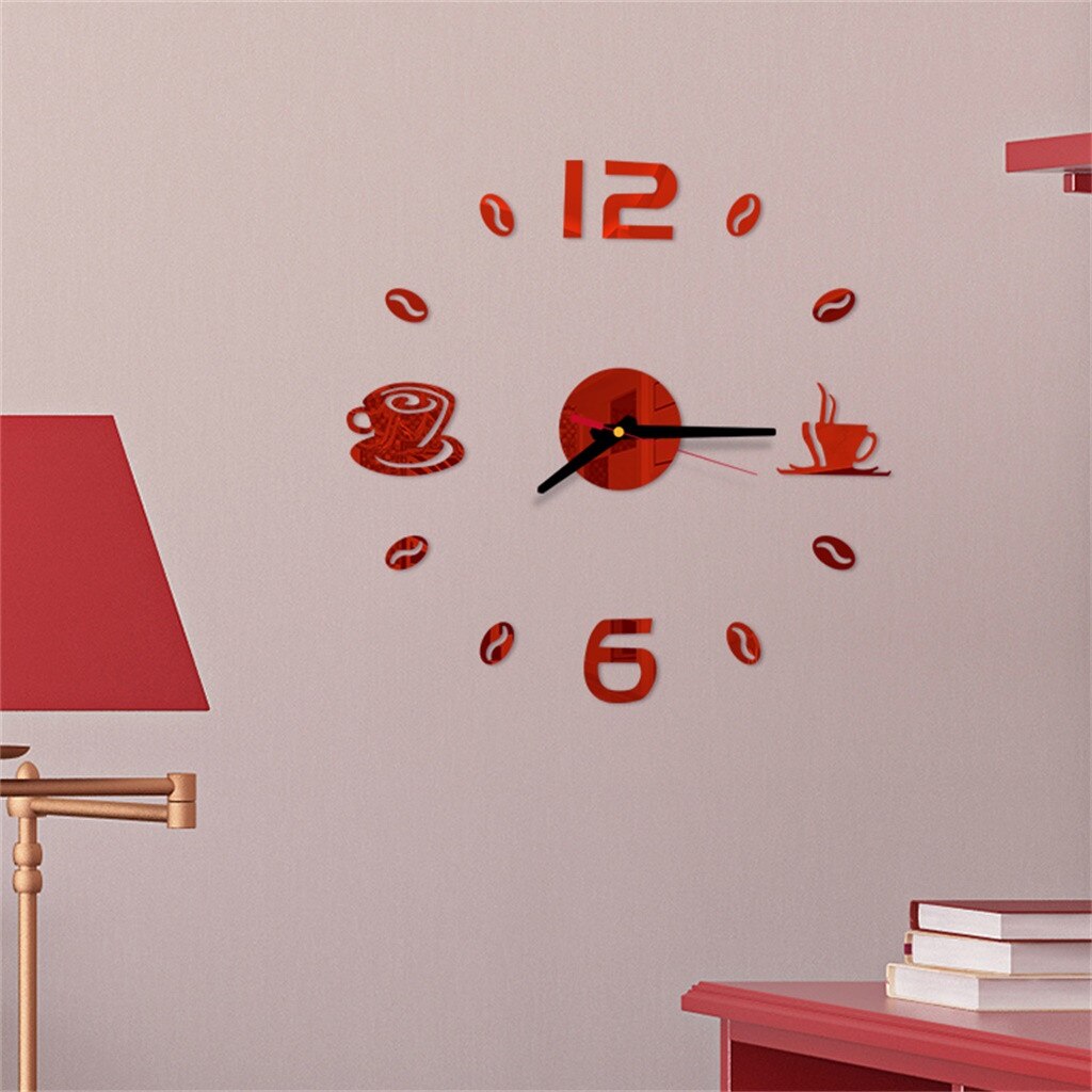 Coffee Cup Print 3d Clocks Diy Roman Numbers Acrylic Mirror Wall Sticker Clock Home Decor Mural Decals Часы Настенные