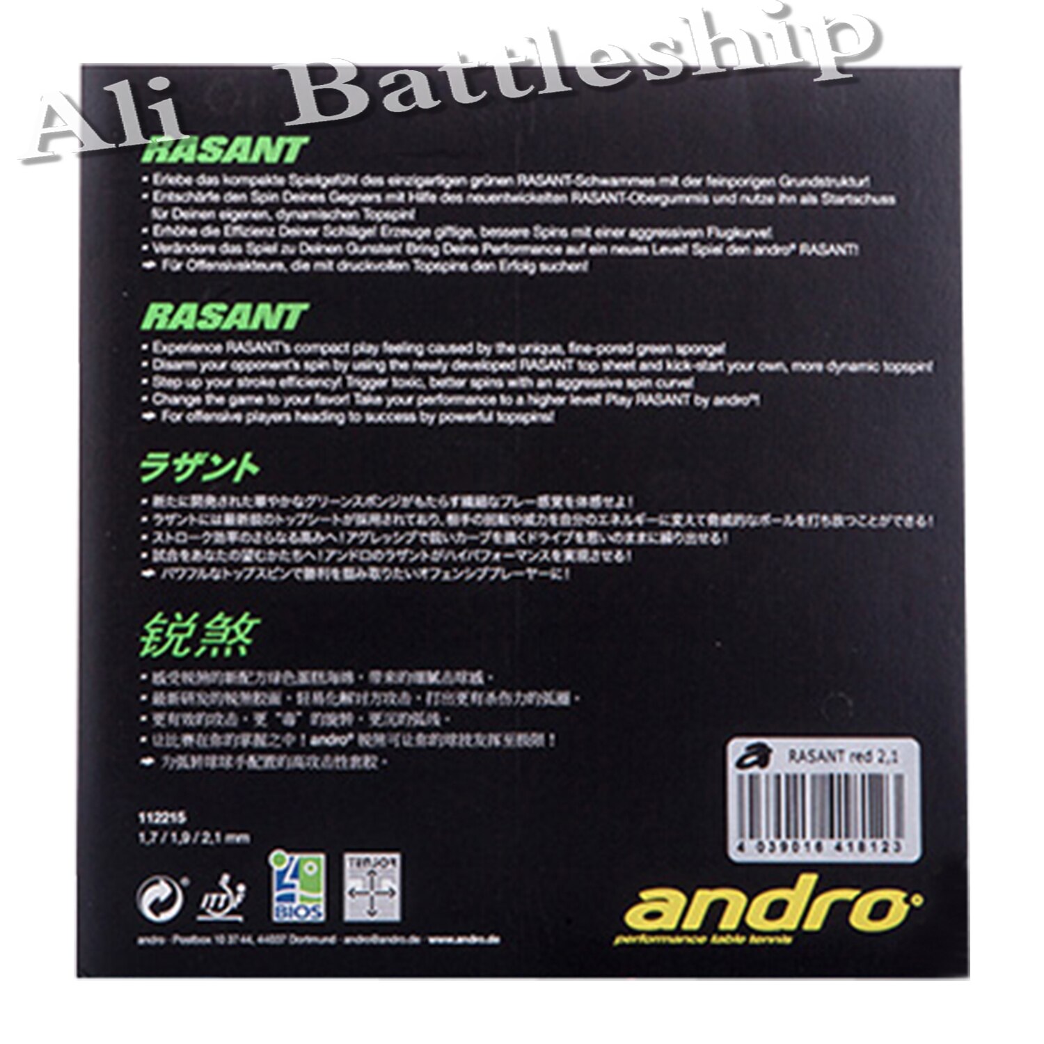 Andro rasant-puistjes in tafeltennisrubber, pingpongspons, tafeltennis