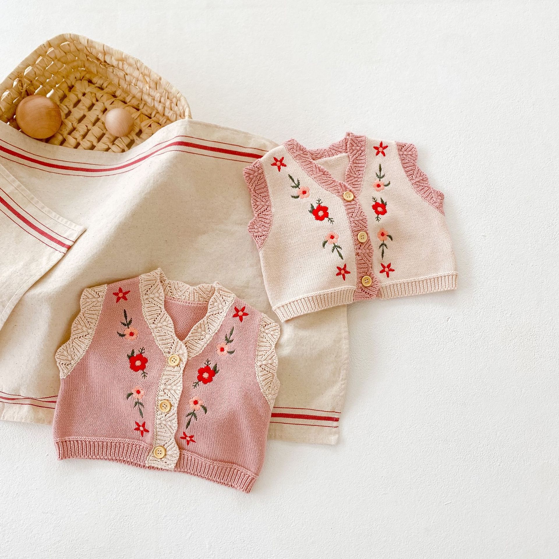 Baby Jongen Meisjes Truien Vest Bloemen Borduren Mouwloze V-hals Gebreide Vest Gebreide Trui Tops Herfst Vallen Kleren