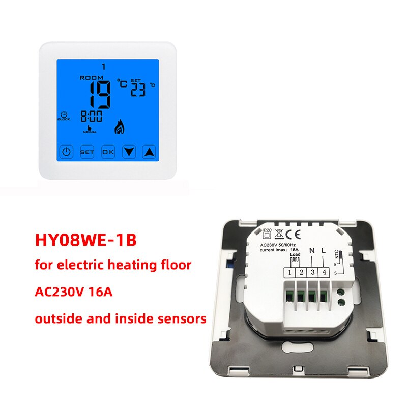 HY08 3A 16A MINCO HEAT Thermoregulator LCD Touch Screen Thermostat For Electric Heating Floor System Room Temperature Controller: Electric White