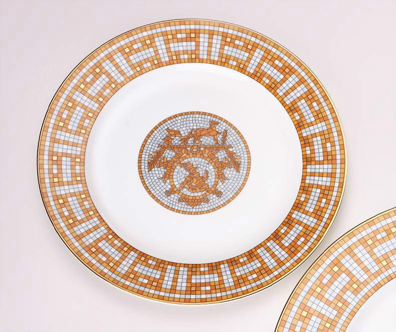 Ceramic Dinner Plates Geometric Pattern Ceramic Dish Charger Plate Yellow Grid Dinnerware Plate Set Serving Dish: 20cm