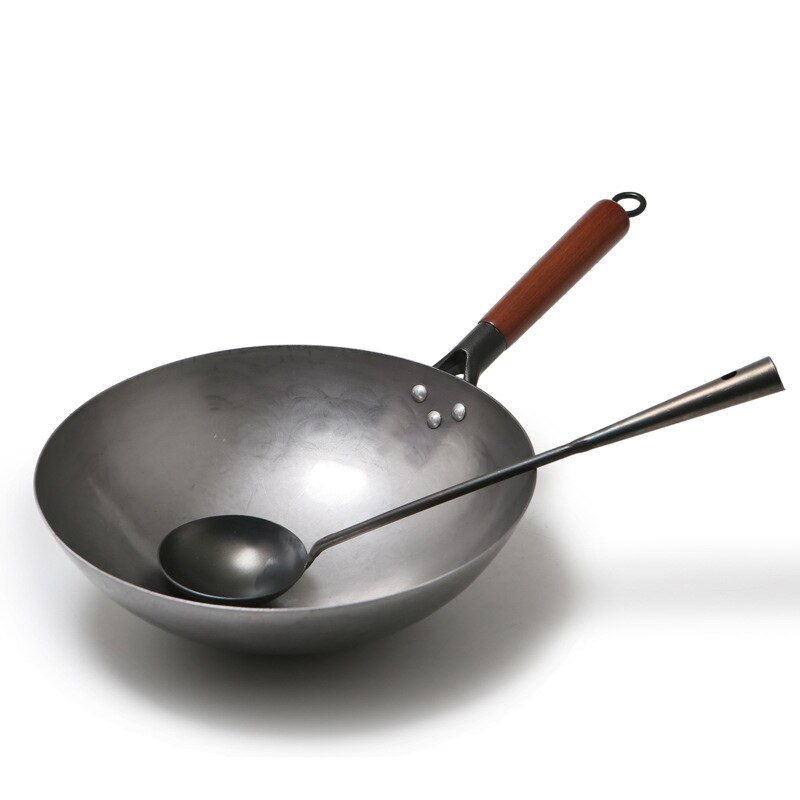 36Cm Houten Handvat Pure Ijzer Geen Coating Non-stick Wok Hand Smeden Ijzeren Pan Chinese Stijl Ijzeren Pot gas Fornuis