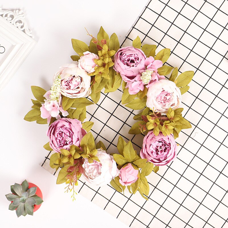 Artificial Flower Wreath Peony Wreath Spring Round Wreath for The Front Door Party Wedding Home Decor Pink Flower Garland Ring: A2