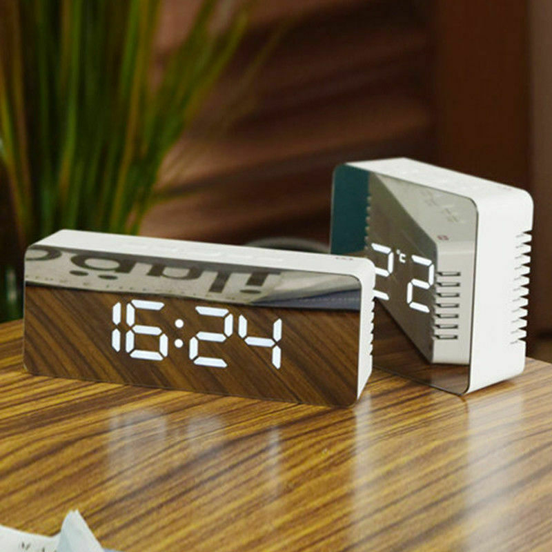 Despertador con efecto espejo y luz LED reloj con Dimmer siesta temperatura función para oficina dormitorio viajes Digital Reloj de decoración para el hogar