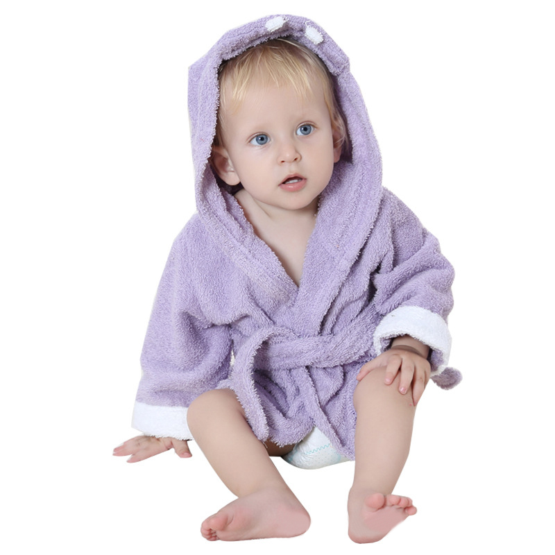Søde børn dyr badekåbe håndklæde drenge piger tyk bomuld flannel natkjoler hætteklædt natkåbe varmt håndklæde: Lilla