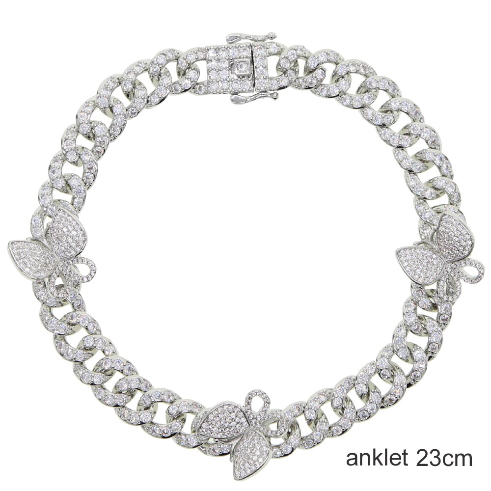 10Mm Breedte Micro Pave Cz Cubaanse Link Enkelbandje Leuke Vlinder 9Inch 10Inch Iced Out Bling Cz Miami cubaanse Enkelbandje Voet Been Sieraden: silver 23cm