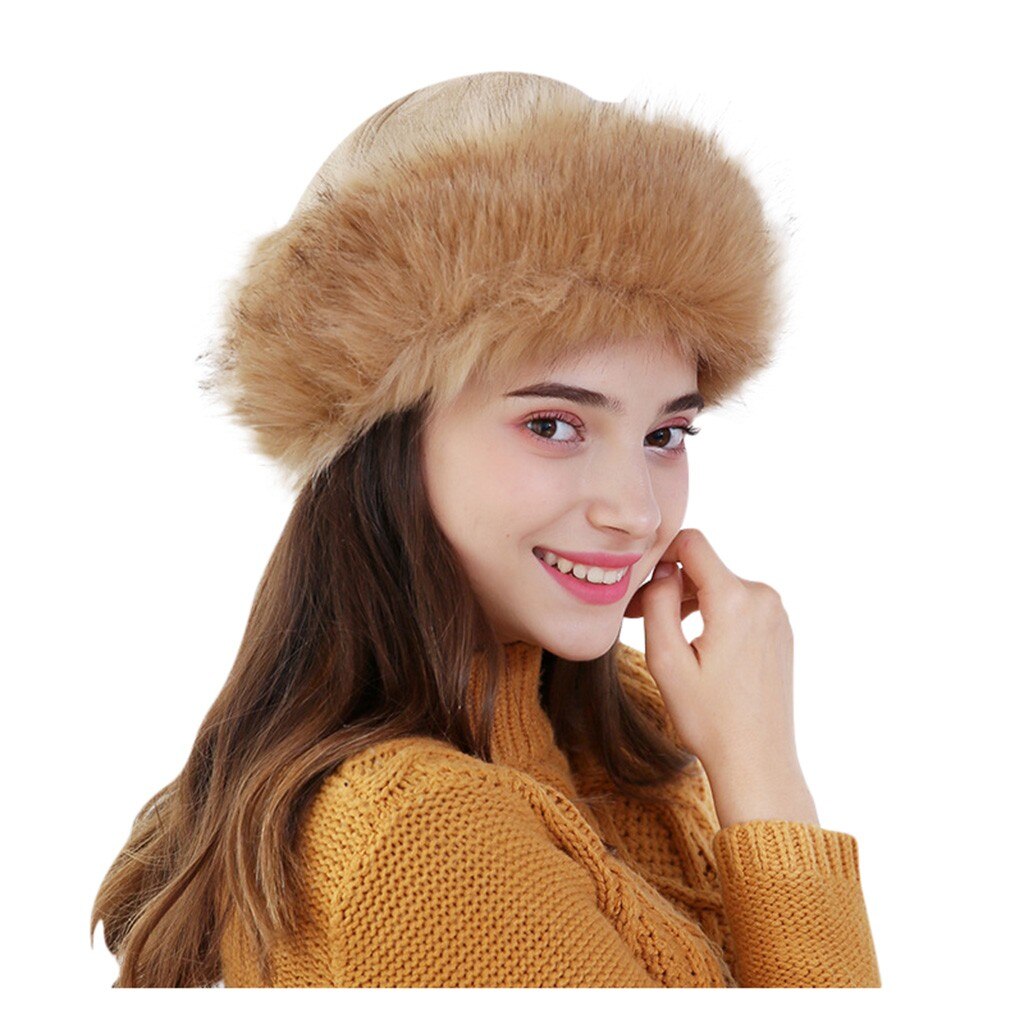 Winter Faux Fur Hats Women Winter Mongolian Russian Outdoor Hat Solid Thick Warm Solid Earmuffs Woollen Hat: Khaki 