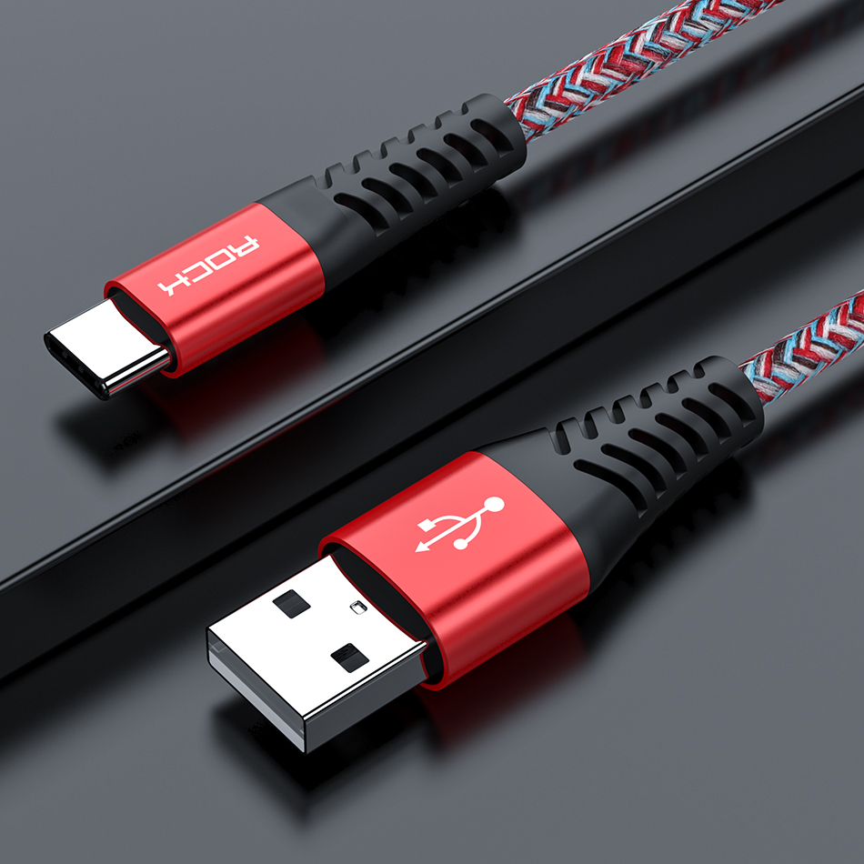 Rock 3A Qc 3.0 Usb Type C Kabel Voor Samsung S10 S9 Snelle Lading Type-C Mobiele Telefoon Opladen draad Usb C Kabel: Rood / 2M