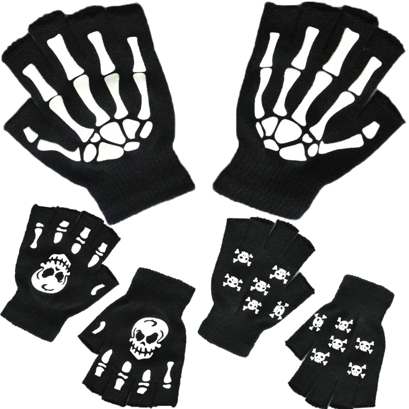 Luminous Skeleton Fingerless Gloves For Men Women Teens Skeleton Skull Cycling Hiking Winter Gloves Gothic Knitted Black Gloves