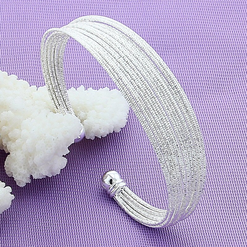 925 Silver Jewelry Scrub Multi Layer Lines Open Cuff Bracelet Women Silver Bangle