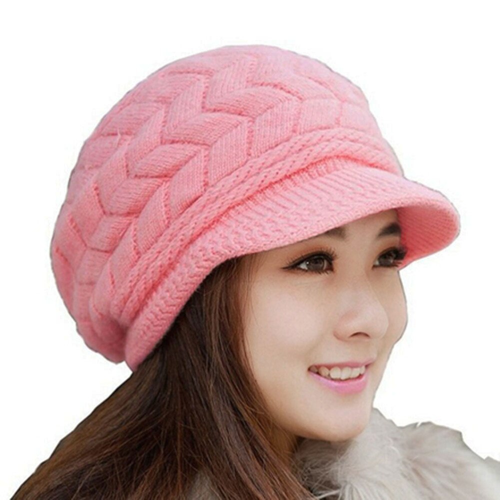 Winter Warm Knit Hat Wool Snow Ski Cap With Visor (Beige): Pink