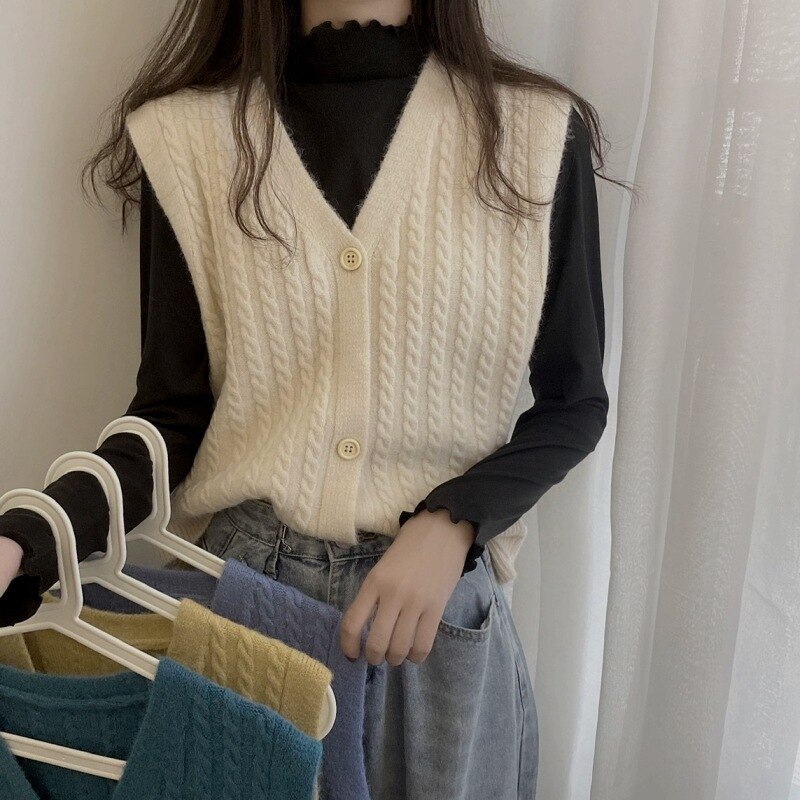 Women's Knitted cardigan vest sweater cardigans for winter clothes women sleeveless sweater female roll collar