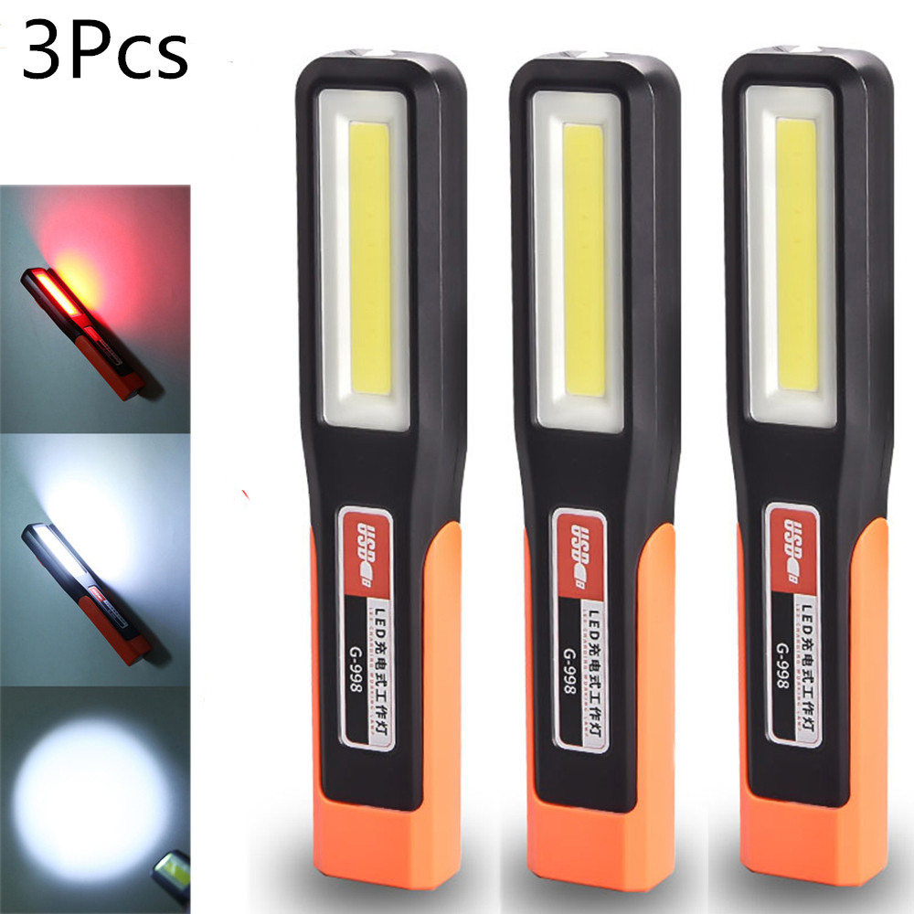 3 stk kraftige kolbe ledet-arbeidslys garasjemekanikerlampe usb-oppladbar lommelykt magnetisk lommelykt nødlys varsellys