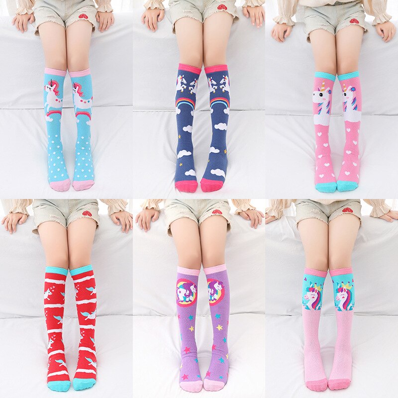 Chaussettes montantes en coton pour filles, chaussettes longues et douces, tricotées avec des motifs de dessin animé, pour enfants de 3 à 12 ans, printemps et automne
