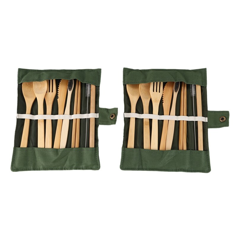 2-- pack bamboe bestek met bonus 2 bamboe tandenborstels bamboe rietje, lepel, vork, mes, theelepel, eetstokjes, borstel en 2 groene stokjes