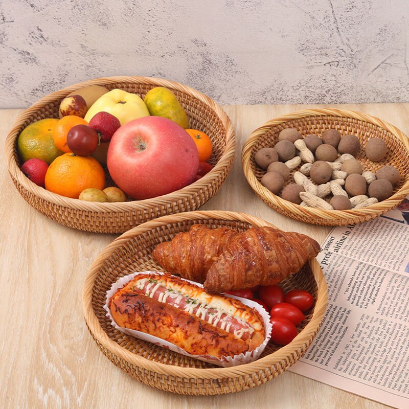 Rattan Storage Tray Handwoven Round Wicker Basket Bread Food Plate Fruit Cake Platter Dinner Serving Box Kitchen Decoration Item