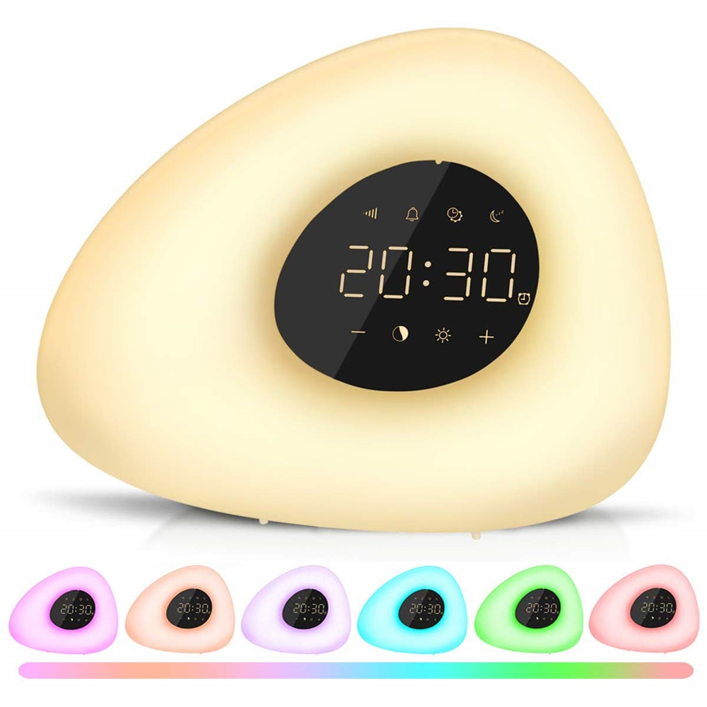 Soloppgang vekkerklokke våkne nattlys solnedgang digital klokke med slumrefunksjon naturlyder søvnhjelp 7 farger lampe
