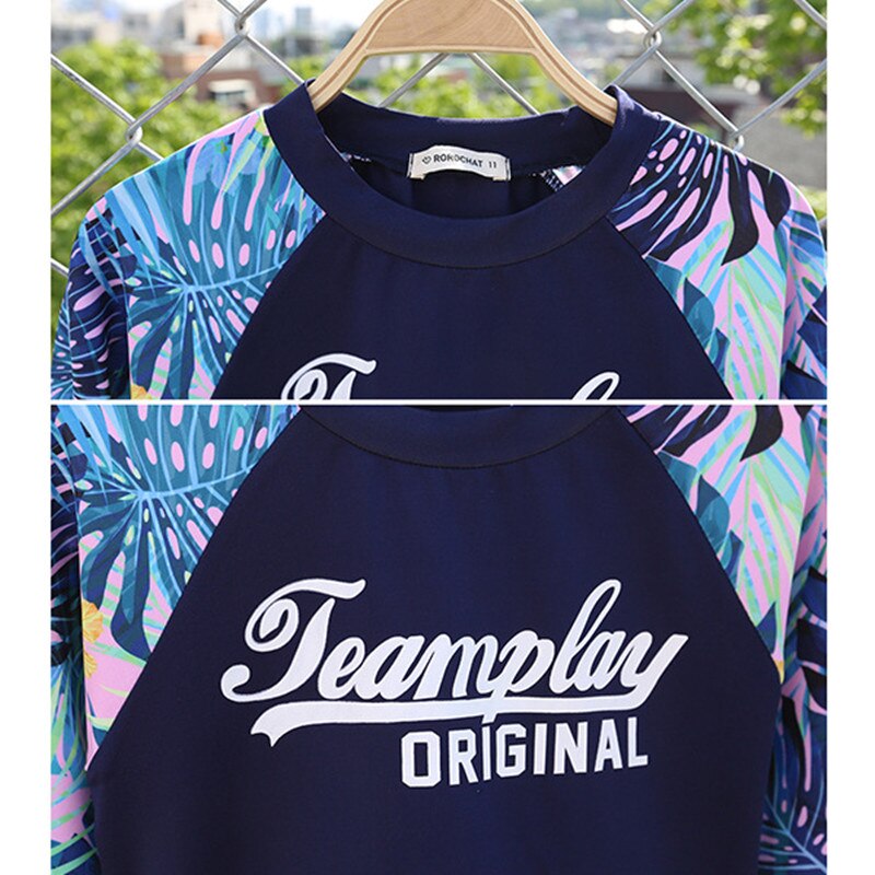 Traje de baño para niñas de 2 a 13 años, traje de baño de dos piezas con flor azul para surfear, ropa de piscina de manga larga para adolescentes