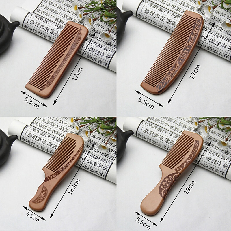 1pc Anti-Static Comb Natural Peach Solid Wood Comb Engraved Peach Wood Healthy Massage Hair Care Tool Beauty Accessories