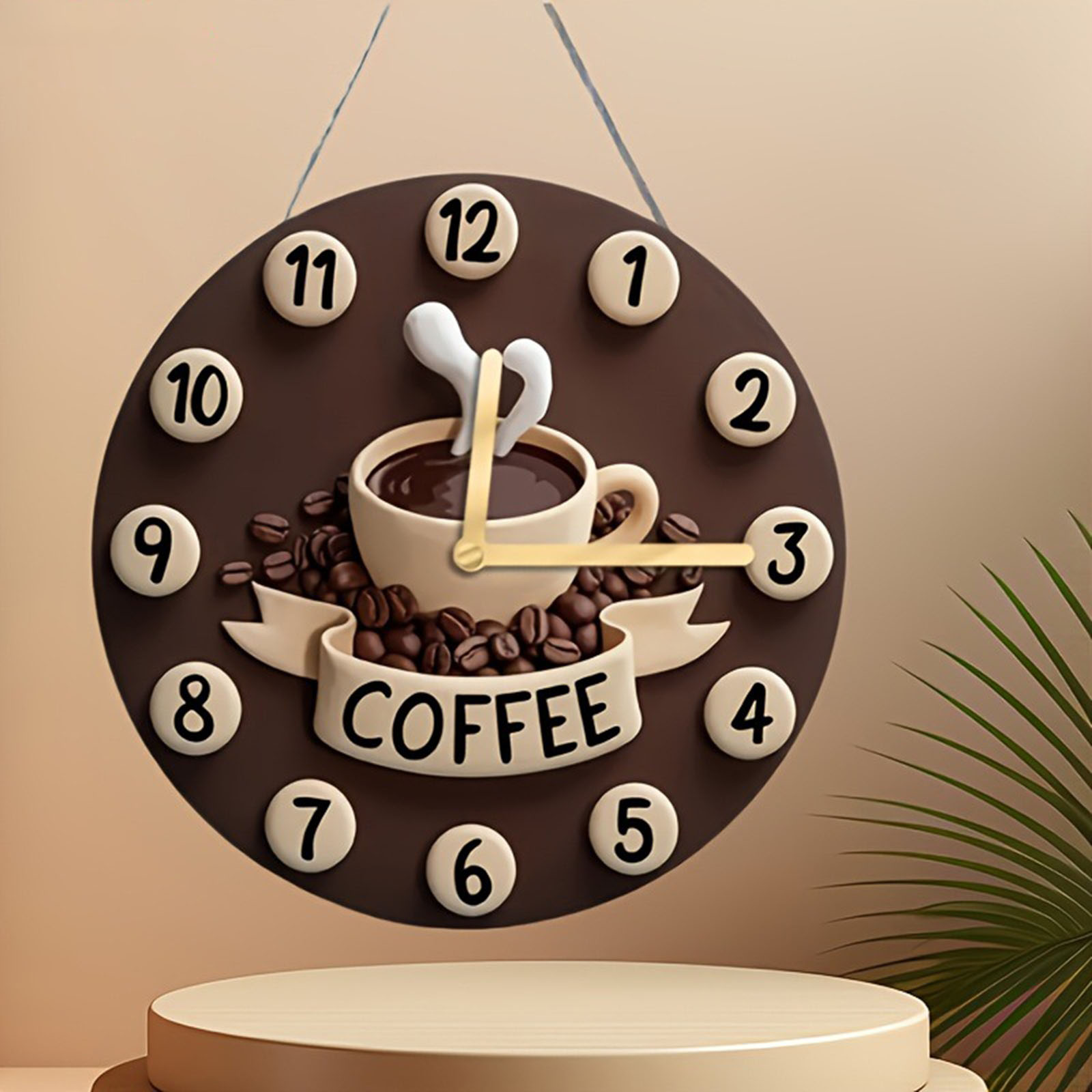 2D Coffee Cup Clock Simple Silent Hanging Ornament Wooden Wall Clock for Farmhouse Home Kitchen Home Cafe Decoration