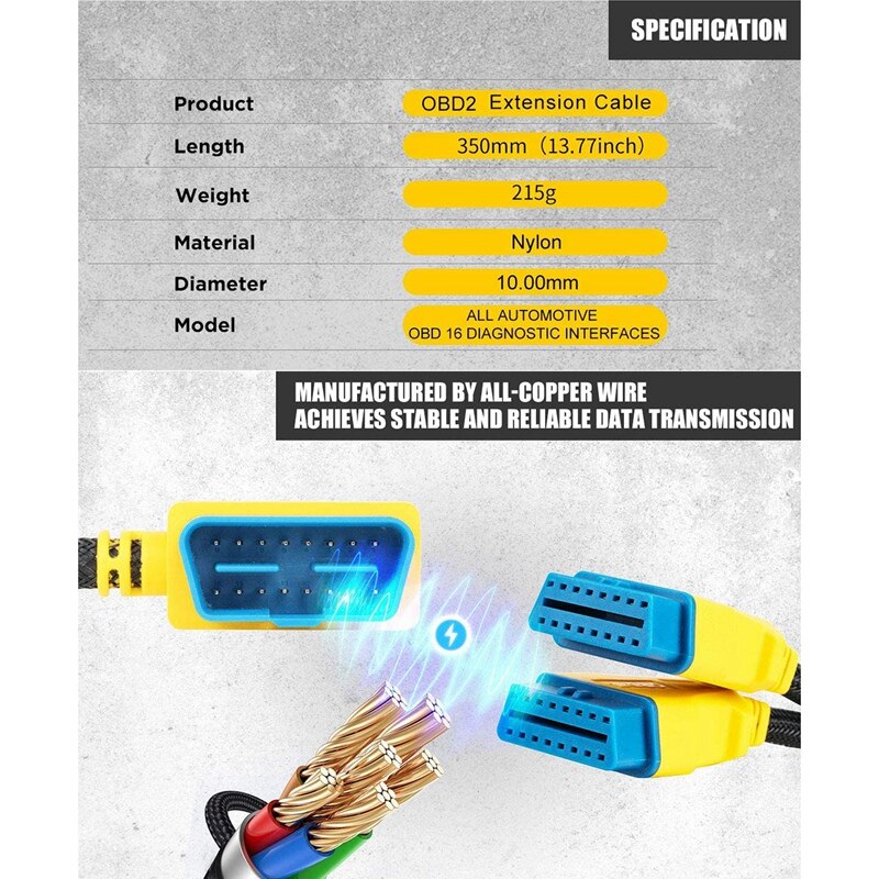35cm OBD-2 Extension Splitter Cable Adapter 16Pin Extender Cord for Connecting Code Reader Scanner Diagnostic Tool