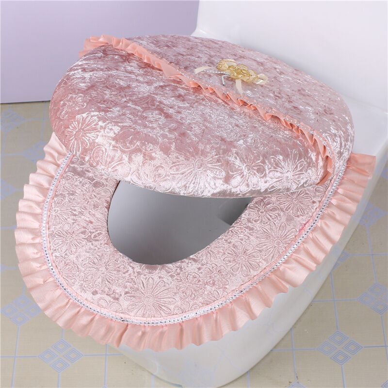 2 pcs/set Overcoat Toilet Case Universal Thicked Toilet Seat Cover Warm Plush Toilet Cover Seat Lid Pad For Bathroom Decoration: Light Pink 2pcs