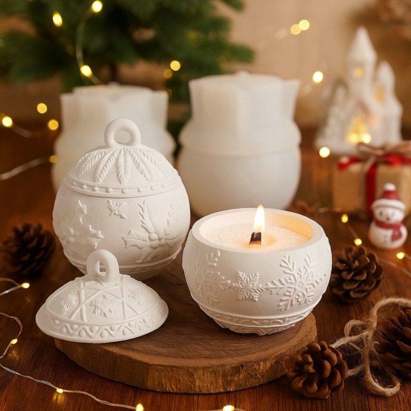 Natale palla rotonda candela barattolo stampo in silicone fai da te rilievo neve bacche scatola di immagazzinaggio kit stampi gesso resina artigianale creazione di decorazioni natalizie
