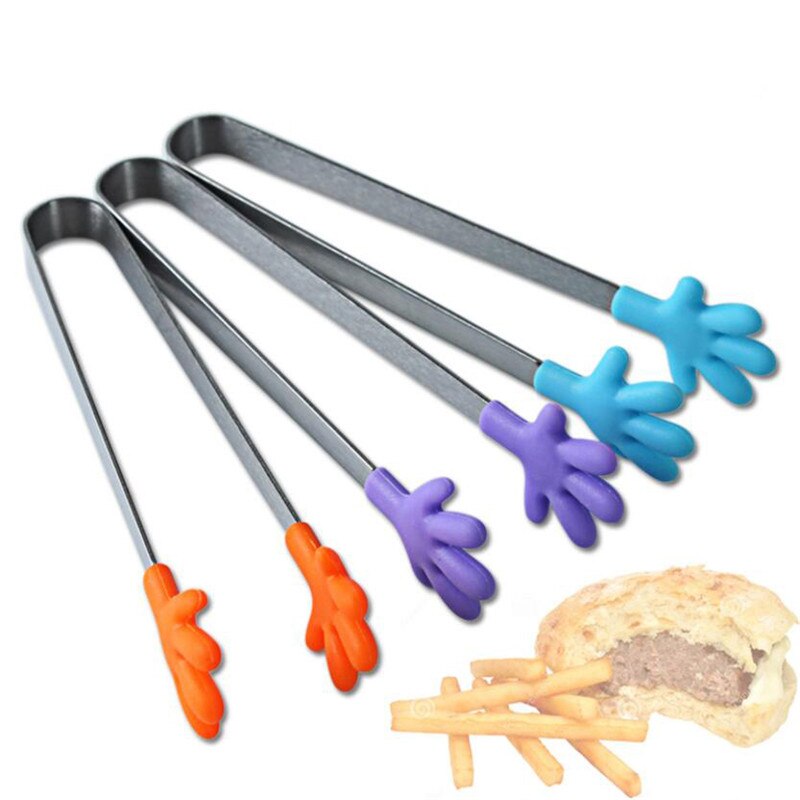 4 Colors Palm Salad Serving BBQ Tongs Stainless Steel Handle Utensil Hand Shape Kitchen Cooking Tools Mini Silicone Food Clip