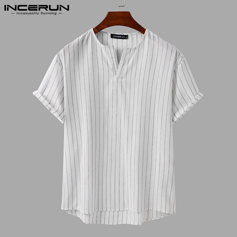 Incerun herr randiga skjortor casual kortärmad v-ringad camisa man bomull andas blusas lös harajuku blus s -5xl 7
