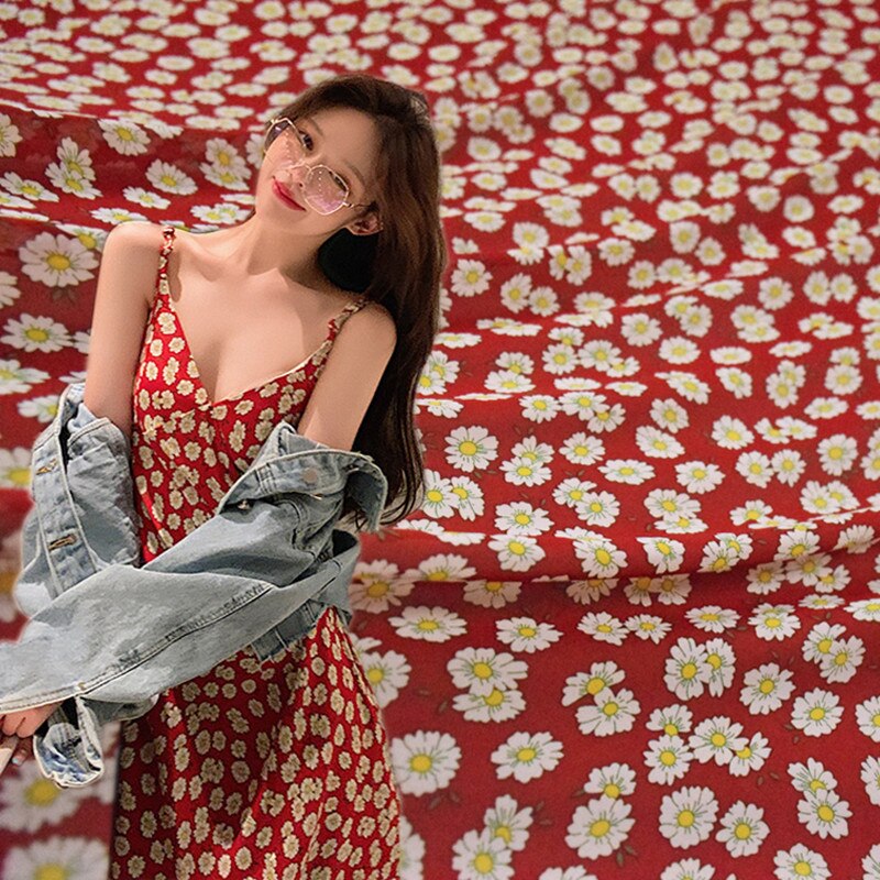 Half Meter Dark Red With Little Daisy Flower Print Chiffon Fabric For Dress Gallus Lady's Garment Sewing Material T1391