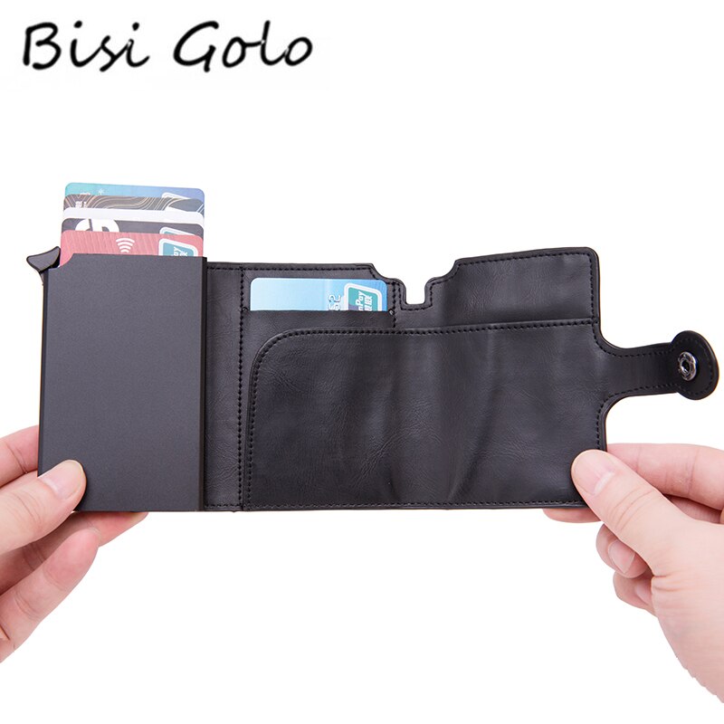 BISI GORO-tarjetero con botón RFID para hombre, tarjetero de aluminio y Metal de , billetera negra, monedero