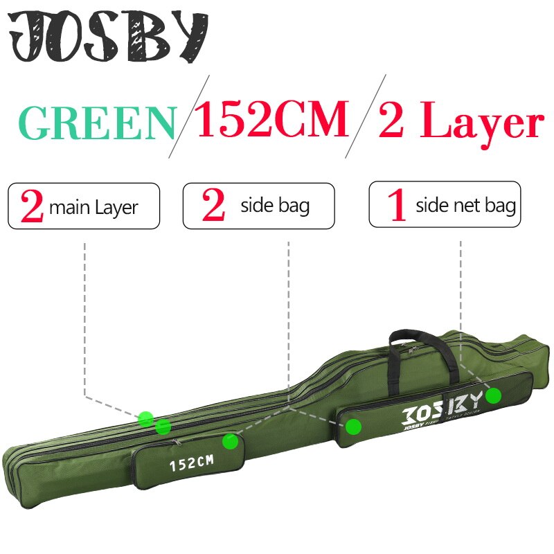 Oxford Cloth Folding Fishing Rod Bag Reel Outdoor Multifunctional Fishing Tackle Storage Bags Travel Carry Case Pesca: 2-Layer-1.52M-Green