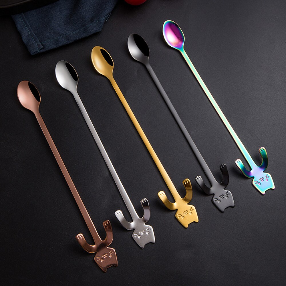 Coffee Spoon Mini 304 Stainless Steel Cartoon Cat Spoon Long Handle Flatware Coffee Drinking Tools Kitchen Gadget