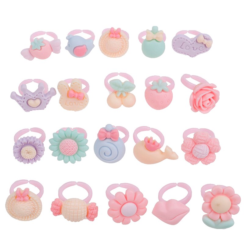 20pcs Random style Cartoon Flower Assorted Resin Plastic Pink Baby Kids Girl Children's Rings Children's cartoon frosted ring