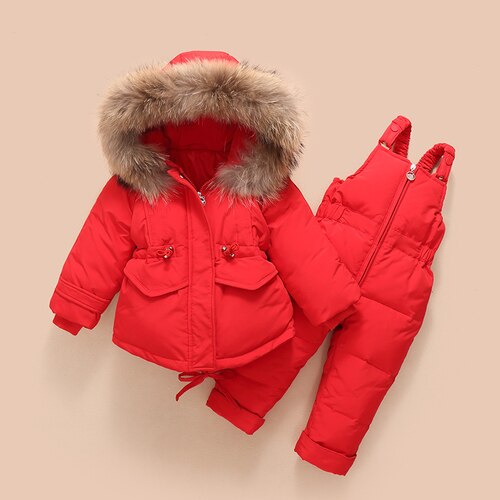 Winter Kinderkleding Set Kinderen Skipak Overalls Peuter Meisjes Jongen Eend Down Jas Warm Snowsuits Jassen + Bib broek 2 Stuks: Rood / 90cm