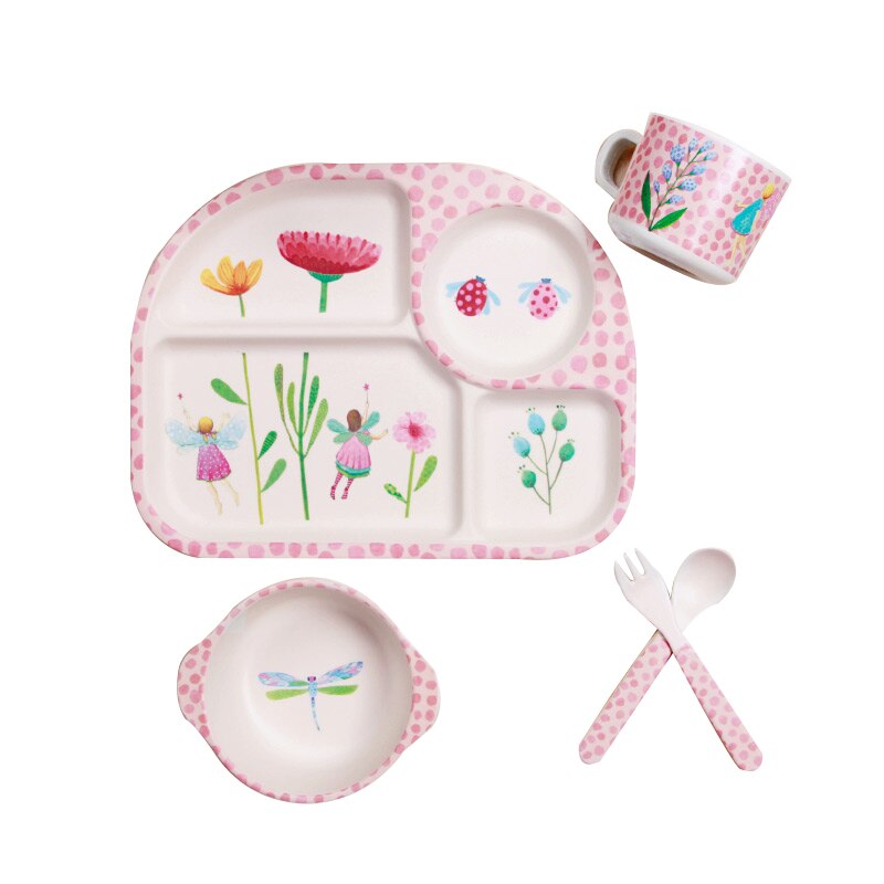 Tegneserie bambus fiber baby mat tallerken barn servise brett fat skål gaffel skje kopp mat trening servise sett barn: Blomster
