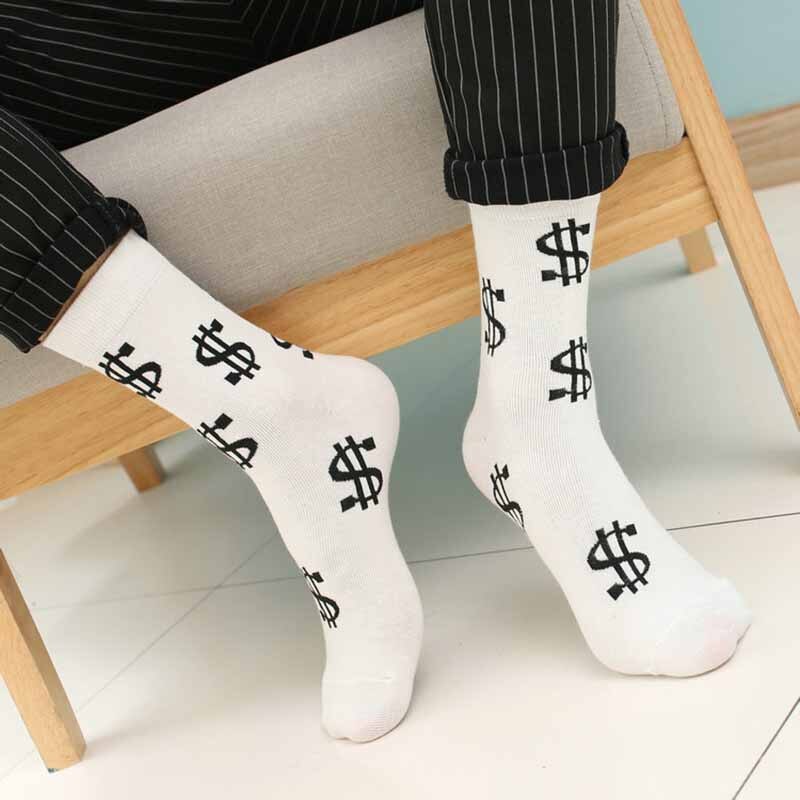 1 pc forår efterår herre sokker dollar symbol trykt behagelig åndbar absorber sved anti-skrid mand mellemlang sok