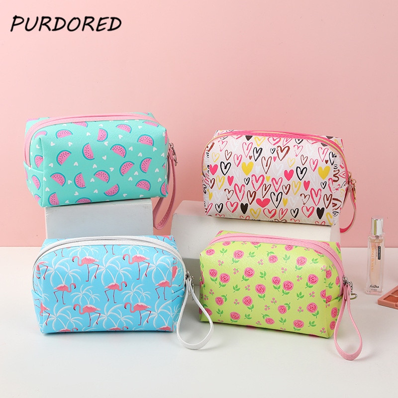 PURDORED 1 Pc Cute Women Cosmetic Bag PU Leather Girl Makeup Bag Female Beauty Case Travel Portable Toiletry Makeup Case Bag