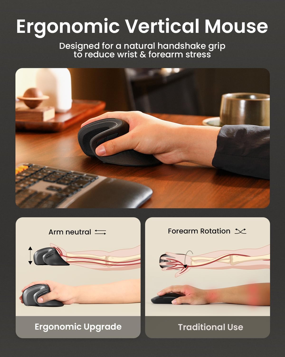 ProtoArc Ergonomische Maus em11 NL BT Wiederaufladbare kabellose vertikale Maus 2,4 GHz optische Mäbenutzen für Fenster, Mac OS