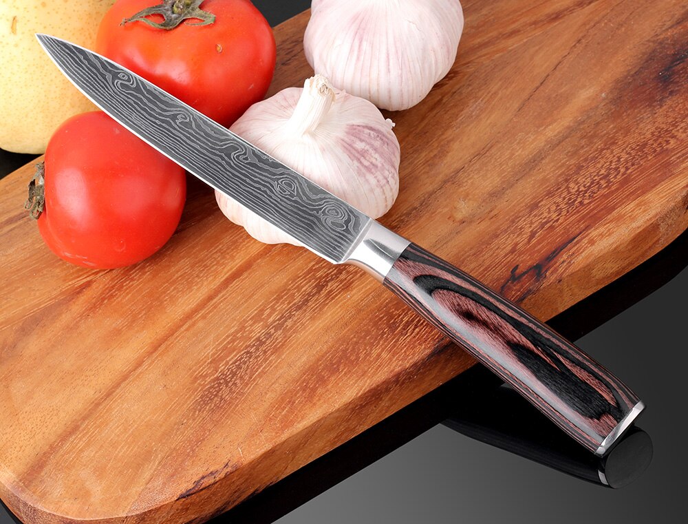 Xituo 5 " kokkekniv værktøjsskæreknive imiteret damaskus stål køkkenskrælningsknive skarpe bøfknive