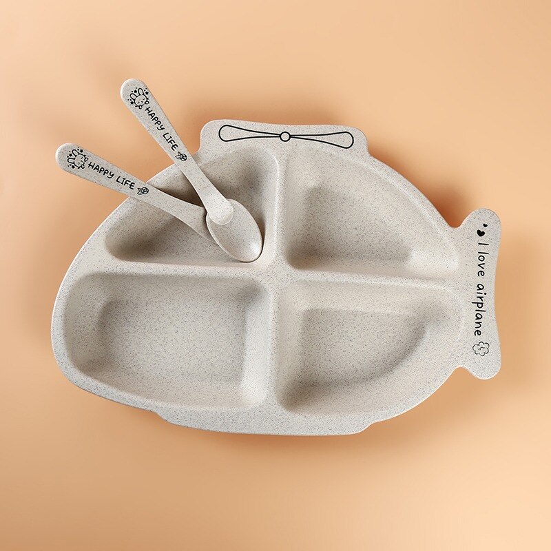Assiette d'alimentation solide en plastique pour enfants, plat à dîner divisé pour enfants, joli hélicoptère de dessin animé, nourriture pour bébé, 4 sections avec cuillère fourchette: Beige
