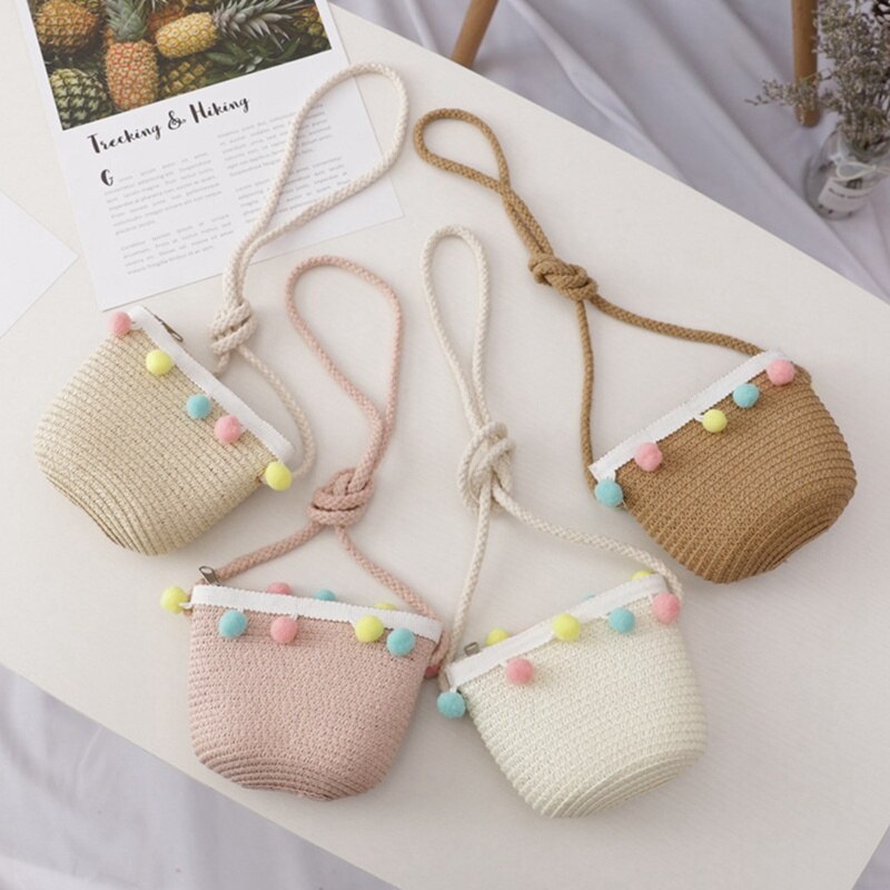 Gorro de paja tejida con ala ancha para niños y niñas, gorro de playa con pompón colorido, cubo flexible, bolso portátil