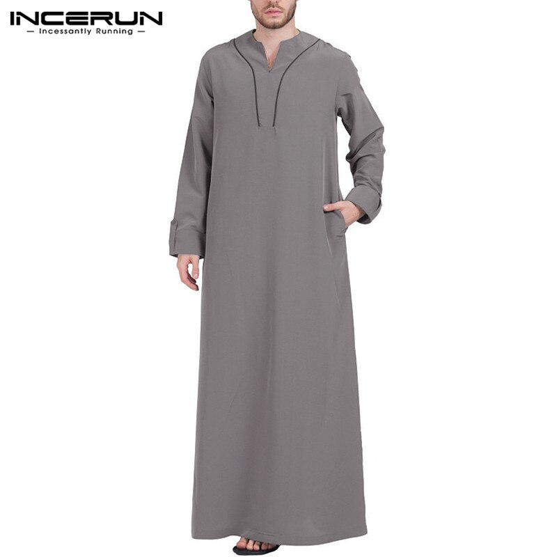 INCERUN męskie ubrania muzułmańskie Jubba Thobe z długim rękawem V Neck Casual Arabia saudyjska mężczyźni szaty Abaya dubaj Thobe arabski islamski Kaftan