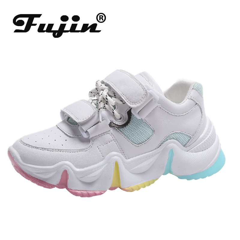Fujin dames sneakers lente dikke onderkant gemengde kleuren regenboog onderkant vrijetijds ademend platform veter damesschoenen