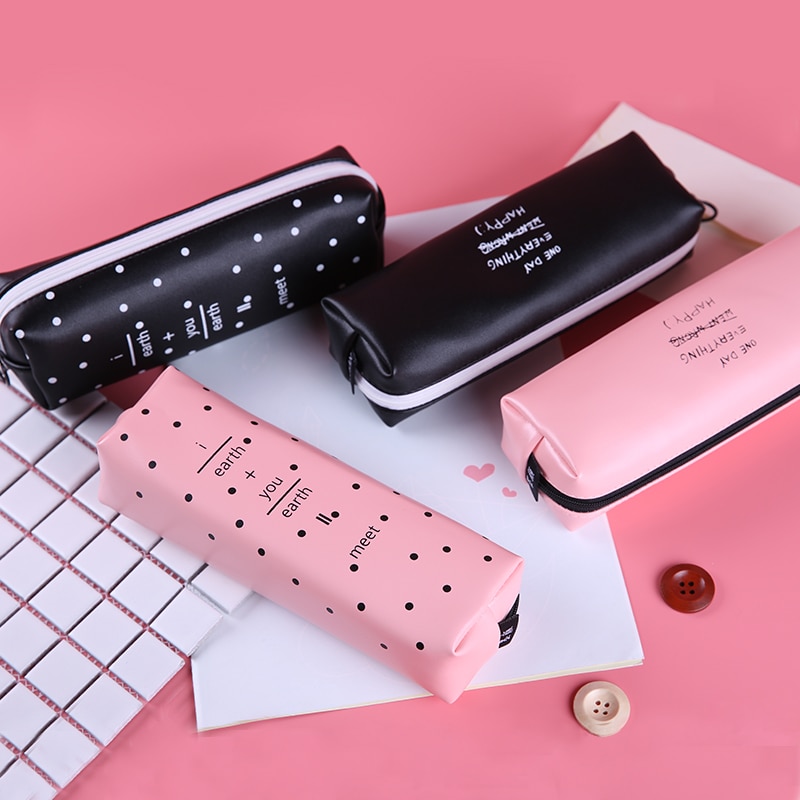 Estuche para lápices de lunares blancos y negros, bolsa rosa para lápices para adolescentes, niñas y mujeres, caja de cuero para bolígrafo, bolsa de papelería, suministros escolares