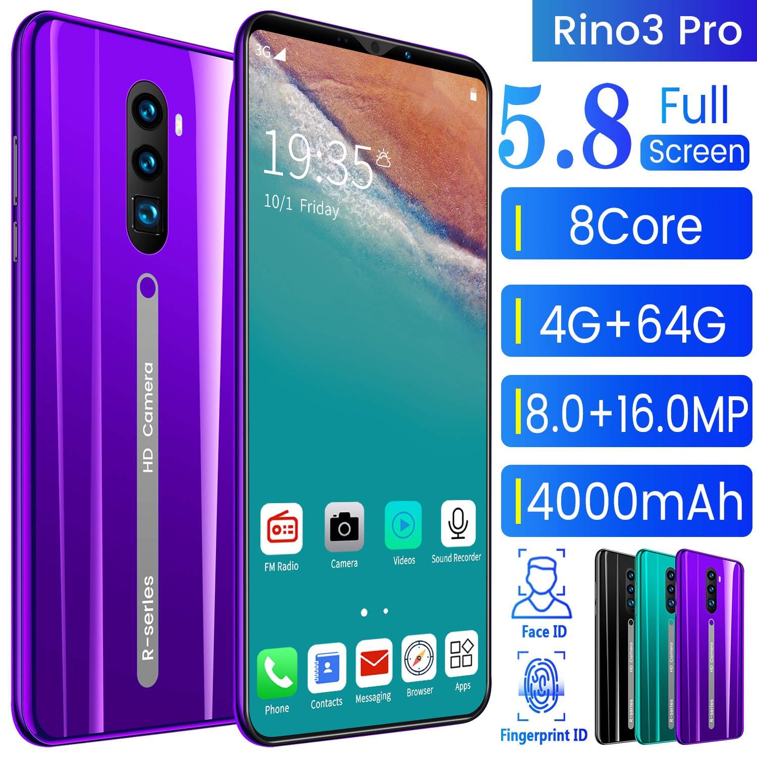 Rino 3 pro 5.8 tommer skærm android telefon lilla vand skærm smartphone ensfarvet mobiltelefon sej form